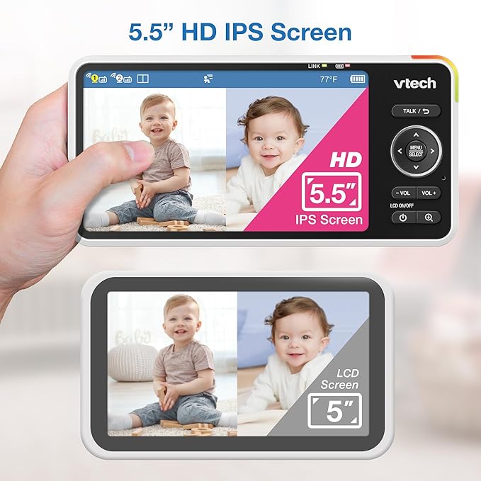 VTech 2-Cameras Smart WiFi Baby Monitor, 2K CMOS Sensor Camera, 5.5-inch HD IPS Screen, Split-Screen, Clear Infrared Night Vision, Pan-Tilt, 24x Zoom, 2-Way Talk, Free App: Smart HD Plus Twin