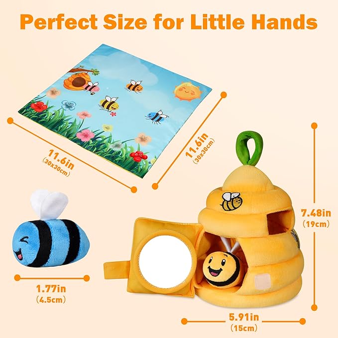 Baby Toys 6-12 Months, Plush Beehive with 4 Sensory Bees, Map Pad, Rattle, Crinkle Paper, Squeaker, Mirror, Montessori Toy for 6 7 8 9 10 11 12 Month Old, Infant Toys Baby Valentines Day Gifts