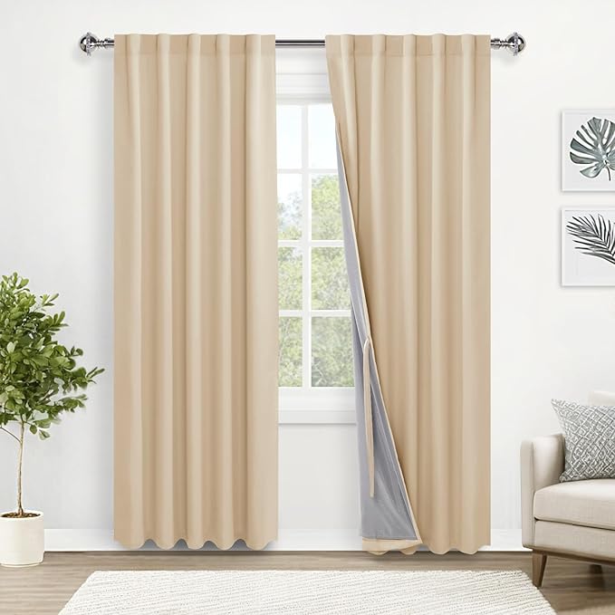 XWZO Total Blackout Curtains with Tiebacks - Rod Pocket & Back Tab Thermal Insulated Noise Reducing Heat Blocking Drapes for Hall and Studio Windows, Biscotti Beige, W42 x L84 Inches Long, Set of 2