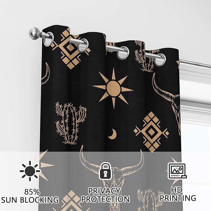 Western Cow Skull Curtains, Black Gold West Aztec Blackout Curtains Room Darkening Grommets Western Drapes, Window Curtains for Living Room Bedroom Decor 2 Panels 52x84 Inch