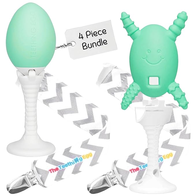 The Teething Egg Baby Teether + Molar Magician + Grippie Stick x2, 4pc Bundle - Freezable Teething Toy for Babies 3–6 Months up to 18 Months – Made in USA, Food-Grade TPE, Mint