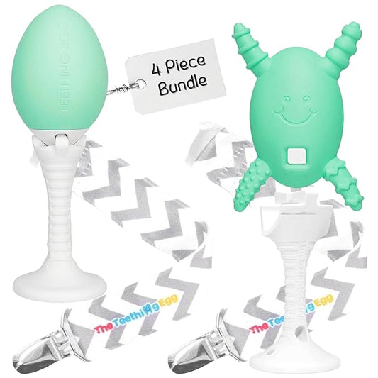 The Teething Egg Baby Teether + Molar Magician + Grippie Stick x2, 4pc Bundle - Freezable Teething Toy for Babies 3–6 Months up to 18 Months – Made in USA, Food-Grade TPE, Mint