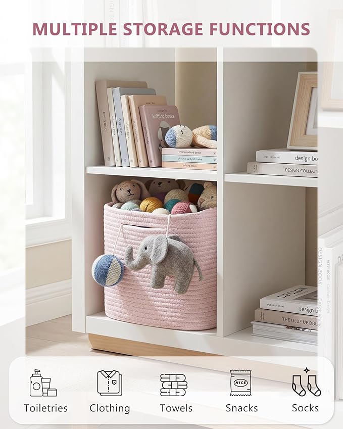 Cube Storage Bin 11" x 10.5" x 10.5" Cotton Rope Basket Square Woven Storage Basket for Shelves, Closet Organizer, Soft Towel Sock Basket, Pink, 2 Pack