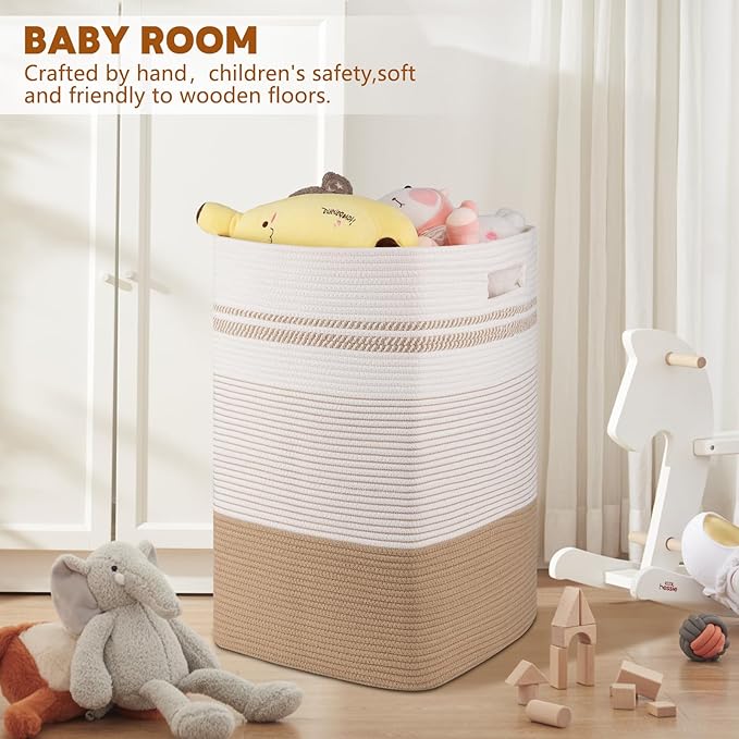 Laundry Basket, Large Woven Rope Tall Laundry Basket with Handles, Decorative Storage Basket for Clothes and Blankets in Living room, Bedroom