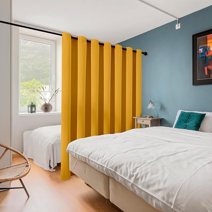 ChrisDowa Room Divider Curtain 108 Inches Long, Wide Blackout Sliding Door Curtain for Bedroom, Room Darkening Privacy Window Curtain for Patio Door (1 Panel Set, Mustard Yellow, 100 x 108 Inch)