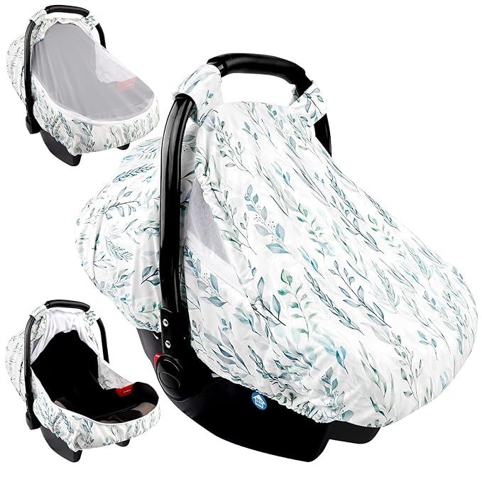 Car Seat Covers for Babies Girl Boy, Cozy Sun & Bug Cover, Infant Carseat Canopy Newborn Stroller Carrier Cover with Breathable Zipper Peep Window, Green Leaf