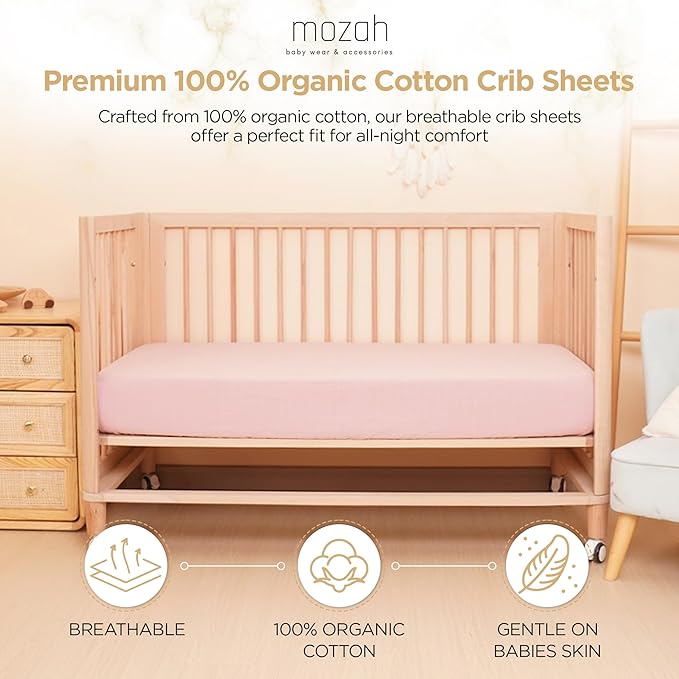 MOZAH Organic Muslin Crib Sheets, Soft and Breathable Bedding for Baby Girls or Boys, Snug Fitted Sheet for Standard Cribs & Toddler Mattresses, 2 Pack, Pink