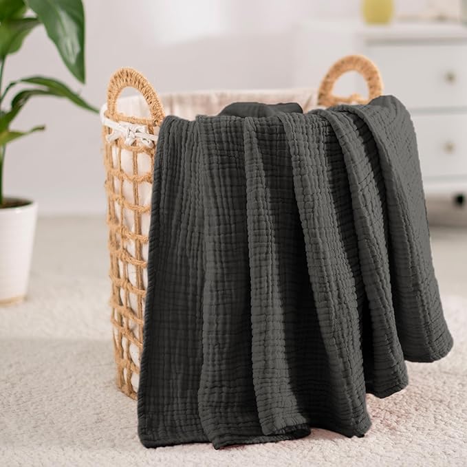 Carriediosa 100% Cotton Muslin Throw Blanket 50" X 70" Twin XL Size，4-Layers Summer Gauze Throws for Bed Couch，Soft Lightweight Breathable Linen Blankets Bedspread for Adults All Season，Dark Grey
