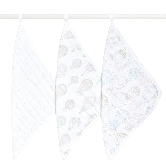 aden + anais Organic Oversized Washcloth 3-Pack, Super Soft 100% Organic Cotton Muslin, Gentle on Skin, 3 Absorbent 12x12 Layers, Softer with Every Use, for Babies Infants Toddlers, Above The Clouds