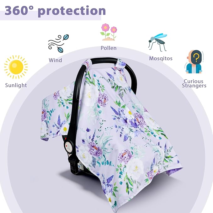Car Seat Cover Baby, Peekaboo Opening Carseat Covers Baby Girl, Warm Minky Infant Car Seat Canopy, Multi-Use Cover Protecting Baby from Wind, Sun, Strangers Purple Floral