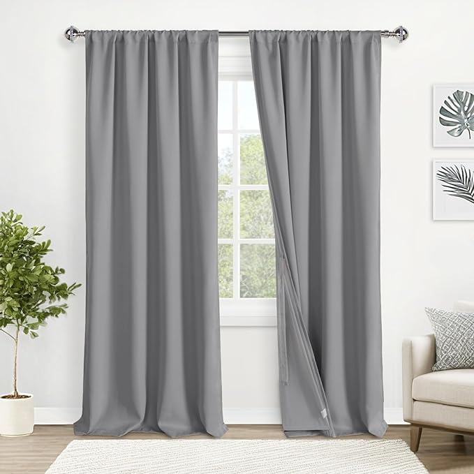 XWZO 100% Blackout Curtains 95 Inches Long with Tiebacks- Rod Pocket/Back Tab Privacy Protection Noise Blocking Window Draperies with Black Liner for Bedroom/Office, Light Grey, W52 x L95, Set of 2