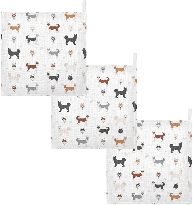 vvfelixl Baby Cotton Washcloths Siberian Husky Dog Infants Bath Towel for Unisex Puppy Face Towels for Newborn, Natural Baby Wipes Delicate Skin, 11.8 X 11.8 inch, one sizex3