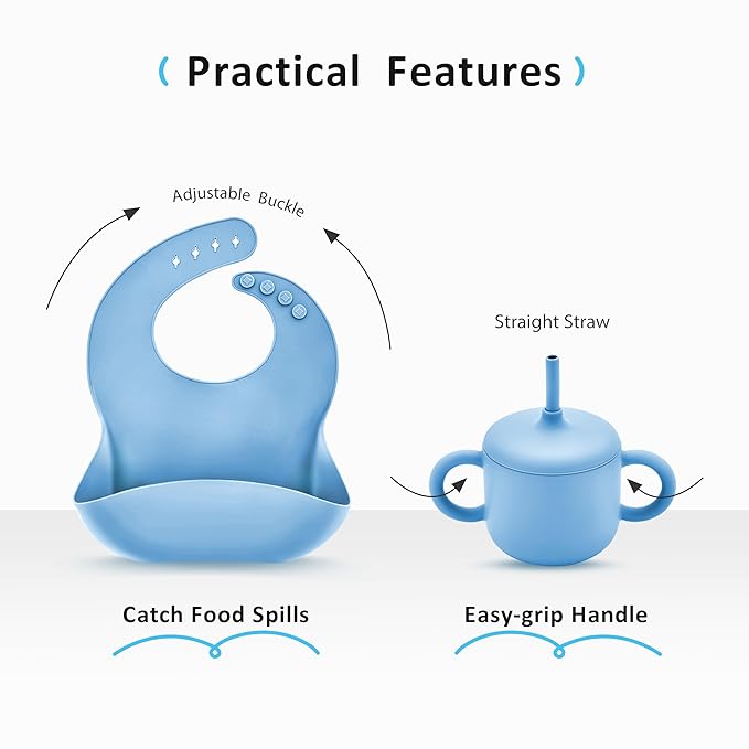 Bufims Silicone Baby Feeding Set, Baby Led Weaning Supplies, Eating Essentials Utensils with Suction Plate and Bowl, Pocket Bib, Sippy Cup with Lid, Forks Spoons Snack Container, for 6+ Months, Blue