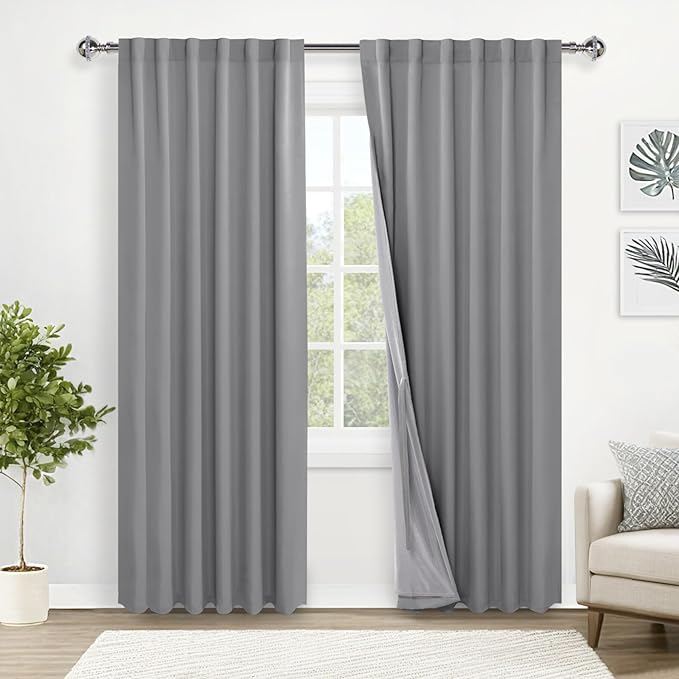 XWZO 100% Blackout Curtains with Tiebacks- 2 Thick Layers Completely Shaded Thermal Insulated Lined Window Drapes for Bedroom/Laundry, Rod Pocket & Back Tab, Light Grey, W52 x L84, Set of 2 Panels