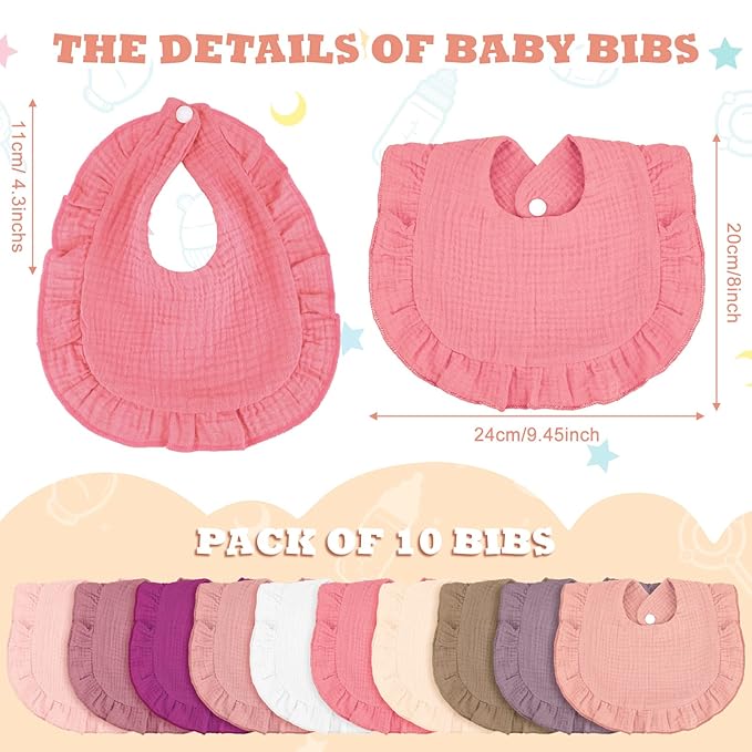 Seematn 10 Pcs Baby Muslin Bibs for Unisex Girls & Boys Drool Bibs Bandana Ruffle Soft Cotton for Newborn Infants Toddlers(Retro Colors)
