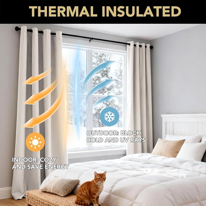 PrinceDeco 100% Blackout Curtains for Bedroom 96 Inches Long, Grommet Living Room Drapes, Thermal Insulated Blackout Curtains 2 Panels Set,Jacquard-Woven,55" W x96 L, Natural