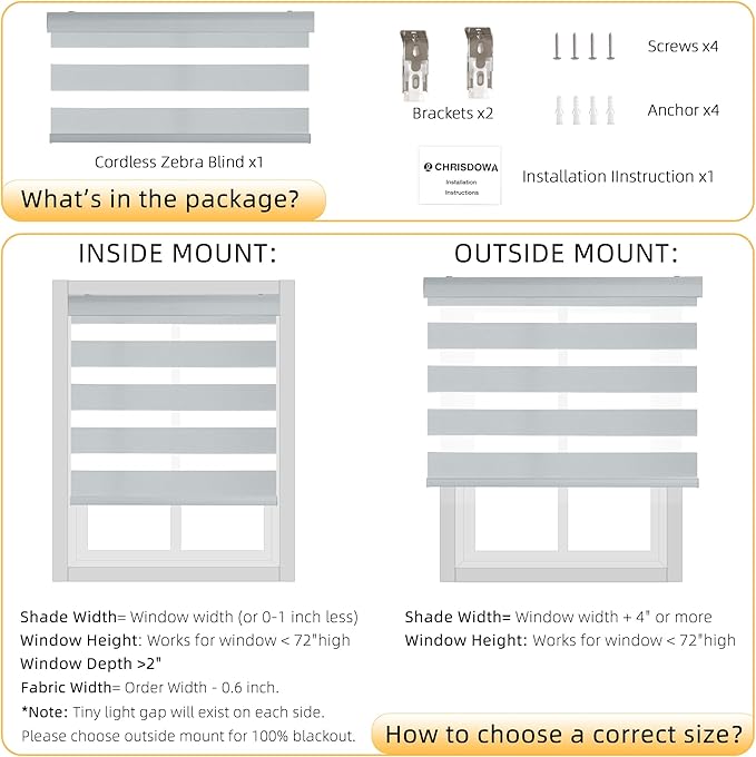 ChrisDowa Cordless Zebra Blinds for Windows, Dual Layer Free-Stop Light Filtering Window Roller Shades, Pull Down Privacy Zebra Shades for Home, Office, Bedroom, Door (37" W x 72" H, Light Grey)