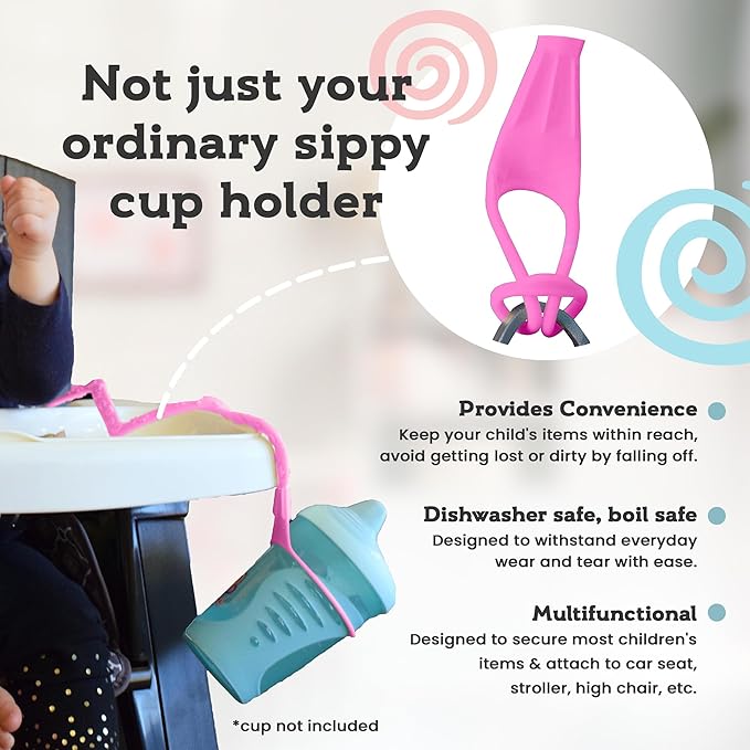 Brilli Baby Cup Catcher Patented Safety Tether Strap, Attach Sippy Cups, Bottles, Pacifiers & More to Stroller, High Chair, Car Seat, Made in USA, Food Grade, Dishwasher Safe (Lavender & Pink)