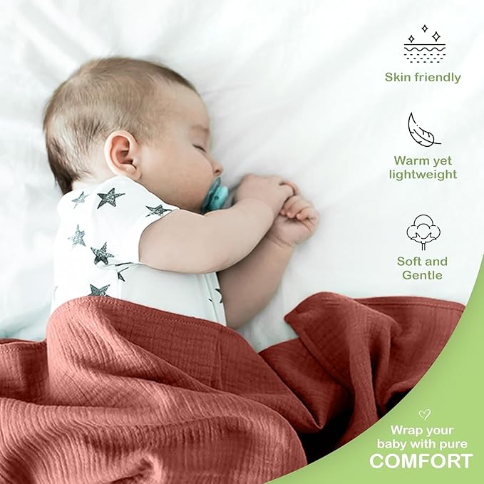 100% Organic Cotton Muslin Baby Blanket - 47 x 47 Inch Breathable Swaddle Blankets, Hypoallergenic Double-Layer, Soft and Cozy Newborn Baby Blanket for Sleeping and Everyday Use (Rust/Ivory)