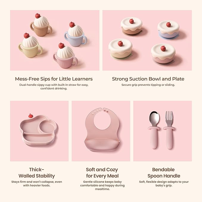 COZY ROCK Silicone Baby Feeding Set, Gelato Collection Baby Led Weaning Supplies, First Self-Feeding Set with Silicone Suction Bowl & Plate, Straw Cup & Bib, Fork & Spoon - Pink