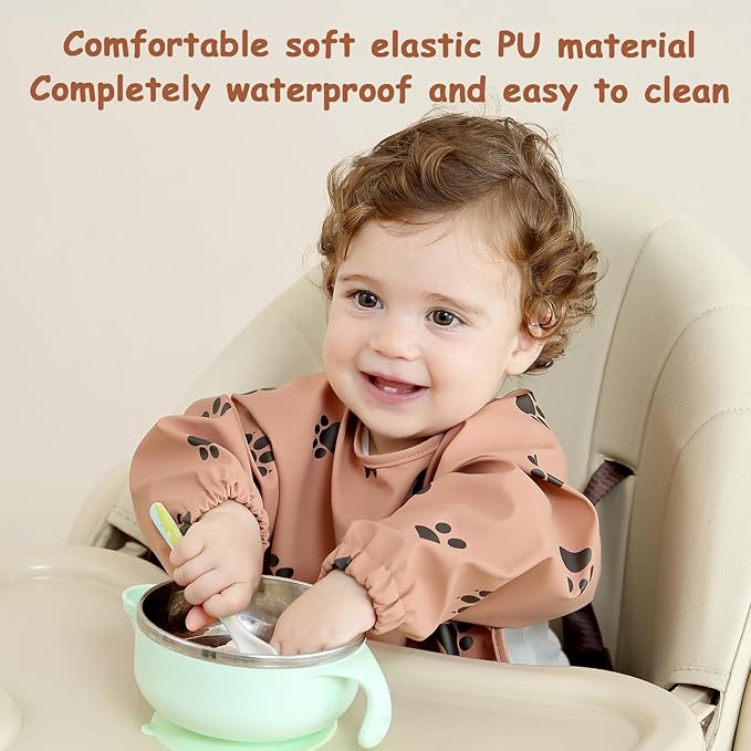 PewinGo Baby Bib with Long Sleeves Bib & BLW, Machine Washable & Soft and Skin-Friendly Material, Coverall Bibs for Baby Feeding, Waterproof and Easy to Clean, for Baby Infant Toddlers (Orange)