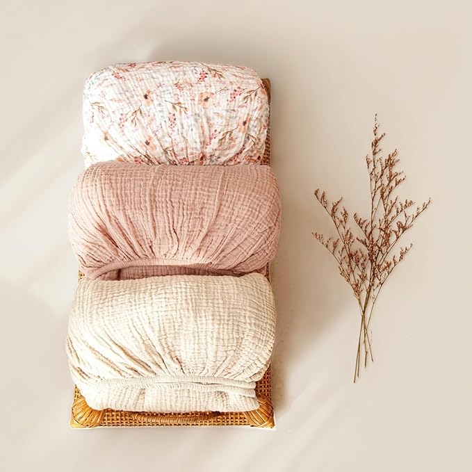lulumoon Mini Crib Sheets 2-Pack: Soft Muslin Cotton Pack and Play Sheets for Playard Mattress - Boho Floral Print for Girls