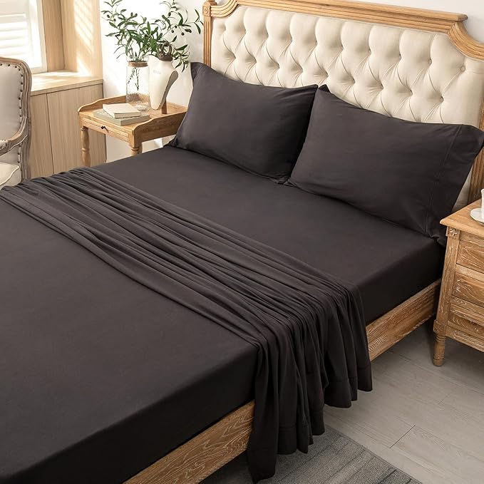 PURE ERA Jersey Knit 4pc Bed Sheet Set 100% T-Shirt Cotton Super Soft Comfy Breathable Fits Mattress Up to 20" Extra Deep Pocket (Solid Deep Brown, Queen)