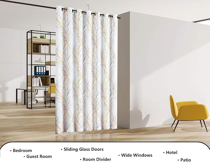 FMFUNCTEX 100% Blackout Patio Sliding Glass Door Curtains 84 Inch Long for Bedroom, Yellow Grey on White Tree Branch Patterned Drapes for Living Room Divider, Extra Wide Thermal Insulated Panels