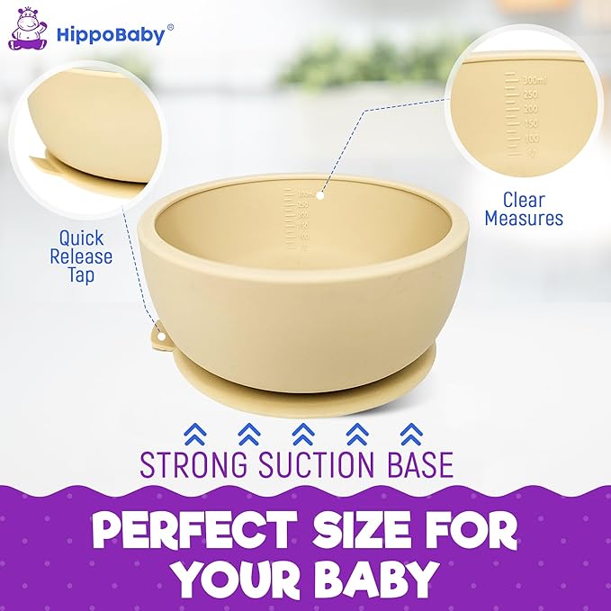 HippoBaby 6 Piece Baby Bowls With Suction and Lids | Toddler Bowl Set with 1 Bowl, 1 Bib, 2 Baby Spoons, 1 Large Spoon, 1 Large Fork, Baby Feeding Essentials (1, Cream)