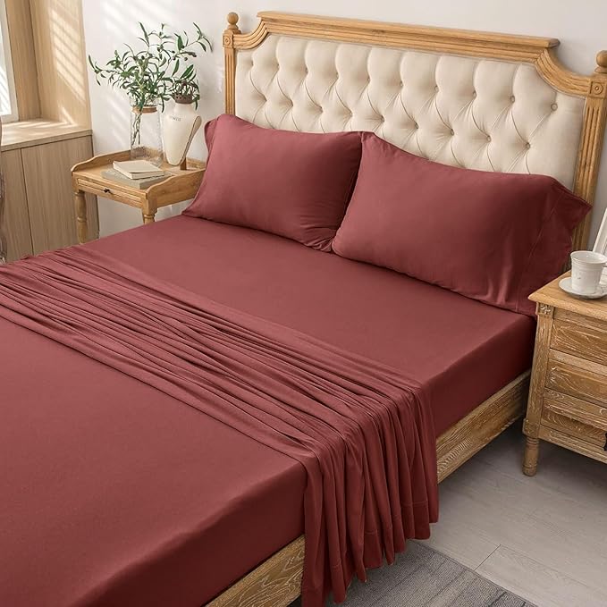 PURE ERA Jersey Knit 4pc Bed Sheet Set 100% T-Shirt Cotton Super Soft Comfy Breathable Fits Mattress Up to 20" Extra Deep Pocket (Solid Brick Red, King)