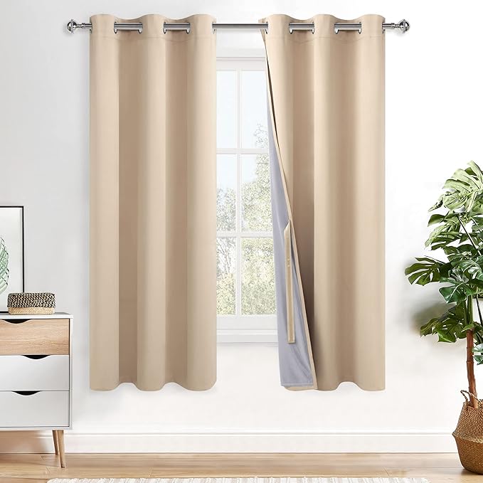 XWZO 100% Blackout Window Curtains with Tiebacks- Privacy Protection & Noise Blocking Window Draperies Grommet Top with Black Liner for Bedroom/Living Room, Biscotti Beige, W42 x L72, Set of 2 Panels
