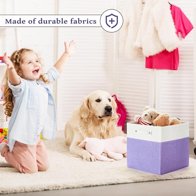 13 x 13 Inch Fine Linen Storage Bins with Handles，Fabric Cube Boxs，Basket Organizers for Shelves for Home, Closet Drawers (White/Purple-4 Pack)