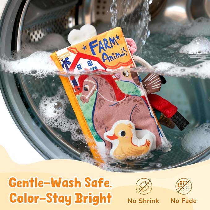 JoyCat Baby Books 0-6-12 Months - Farm Tail Tummy Time Toys - Sensory Touch & Feel Crinkle Cloth Book with Detachable Duck - Newborn Valentine Easter Basket Stuffers