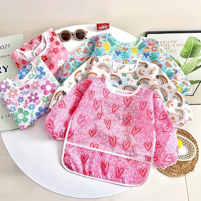 PandaEar 5 Pack Baby Long Sleeve Bibs| Waterproof Full Sleeve Bib for Baby Infant Toddler 6-36 Months
