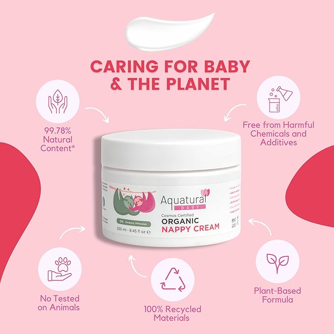 Aquatural Organic Nappy Cream - Newborn Diaper Care - Gentle Care Diaper-Cream, Natural Moisturizer Zinc Oxide Ointment for Kids Sensitive Skin - Baby Rash (8.45fl oz)