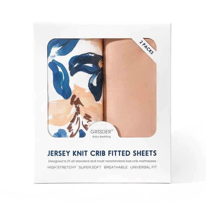 GRSSDER Stretch Ultra Soft Jersey Knit Fitted Crib Sheets Set 2 Pack, Universal Fit All Standard Crib Mattress Pads Safe and Snug, Crib Fitted Sheet with Deep Pocket, Original Design for Baby Girl