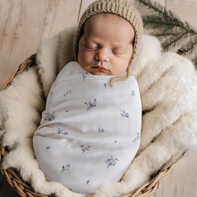 LifeTree Baby Swaddle Blankets, Boys Girls Muslin Swaddling Wrap Receiving Blanket for Newborn, 70% Viscose from Bamboo and 30% Cotton, Large 47" x 47", Flower and Mauve Pattern