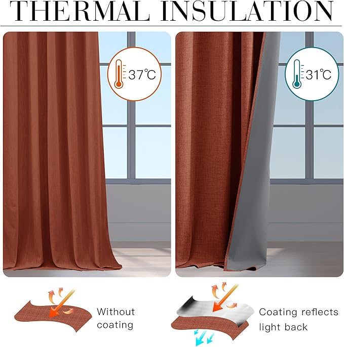 RYB HOME 100% Blackout Linen Textured Curtains 90 inches Long, Insulating Privacy Energy Saving for Bedroom Living Room Window Office Theater Dining Nursery, W 52 x L 90 in, Terracotta, 2 Panels
