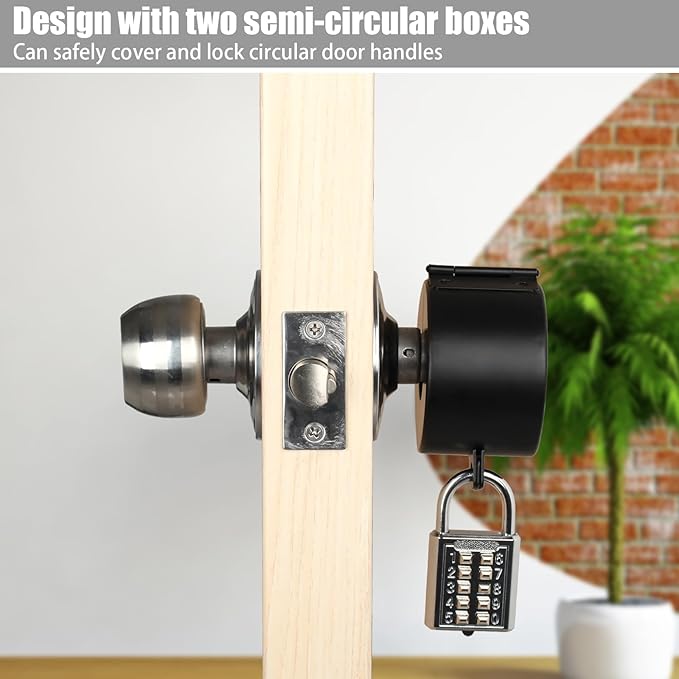 Round Door Handle Locking Device, Door Handle Lock Cover, (with Combination Padlock) Blocks Keyhole Entry and Disables Handle, Doubles as Outdoor Faucet Lock (Black)