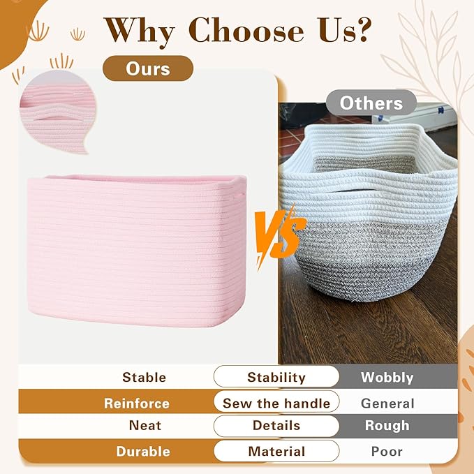 Woven Storage Baskets, Pink Baskets for Organizing, 3 Pack Woven Basket for Storage, Storage Baskets for Shelf, Towel, Toy, Book, Closet, Baby 15"×10"×9"