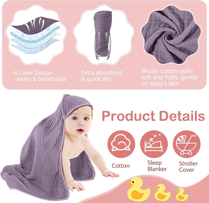 Peryiter 6 Pcs Muslin Hooded Baby Towels 32x32inch Cotton Newborn Bath Essentials Muslin Infant Blankets Absorbent Registry Baby Shower Present for Babies Girl Boy Kids (Brown Series)