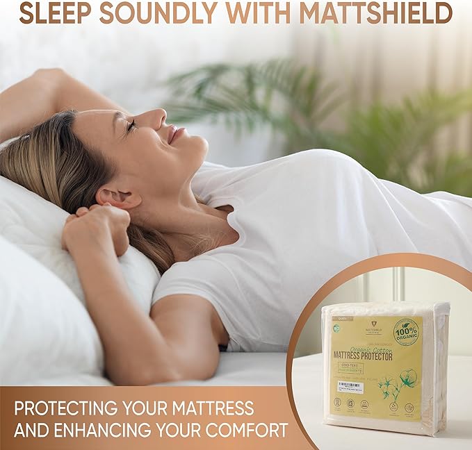 Waterproof Organic Mattress Protector Queen Size – Soft Organic Cotton Top – Noiseless & Breathable 250 GSM Pad Cover – Deep Pocket Fitted Design