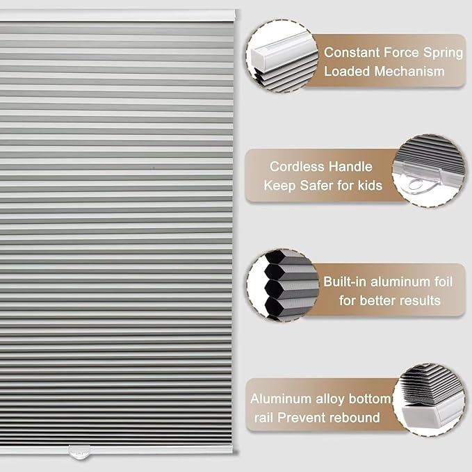 MYshade Cordless Blackout Cellular Shades, 1.5" Honeycomb Window Blinds for Bedroom & Nursery, Thermal Insulated, Noise Reducing, Privacy Shades, Inside or Outside Mount (45" W x 72" H, Grey)