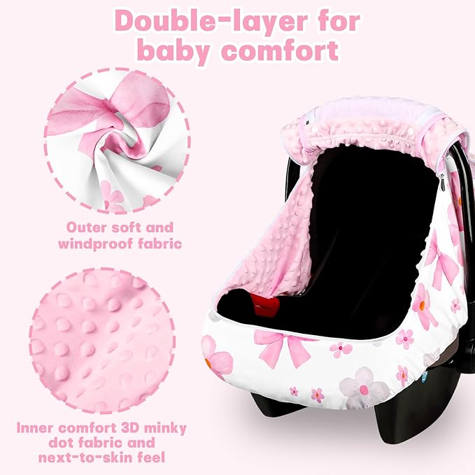 Hooyax Baby Car Seat Cover with Dual Zipper, Extra Large Mesh Window Carseat Canopy, All-Season Weather Protection for Infant Car Seats & Strollers (Pink Bow)