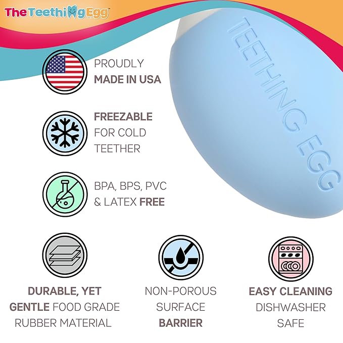 The Teething Egg Baby Teether – Freezable Teething Toy for Babies 3–6 Months up to 18 Months – Made in USA, Food-Grade TPE, Blue