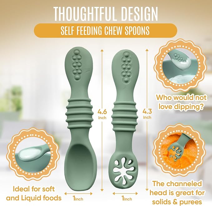 HippoBaby 4pc Silicone Baby Spoons Self Feeding Baby Utensils 6-12 Months - 3 Baby Spoon - 1 Baby Fork - Toddler Cutlery Set - BPA Free, Dishwasher Safe - Baby Eating Essentials (Green/Yellow) - Small