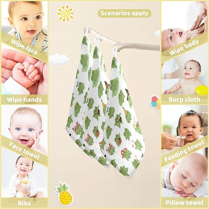 Cute Toads Frogs Baby Muslin Washcloths Soft Face Towel for Newborns, 11.8 X 11.8 Inch, 3 Pack