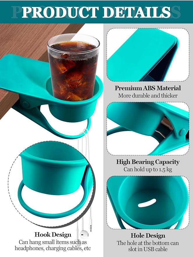 Kalolary 2-Pack Table Edge Cup Holder - Versatile Clip for Drinking Cups, Mugs & Bottles - Ideal for Home, Office & School (Blue)