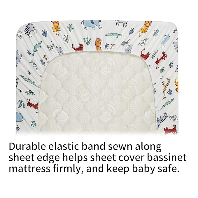 Onacosht Bassinet Sheets 3 Pack for Baby Boy and Girl, Soft Stretchy Universal Fitted Sheet Set for Oval Rectangle Hourglass Bassinet Mattress, Elephant Fox Lion Bear Giraffe Zebra Printing