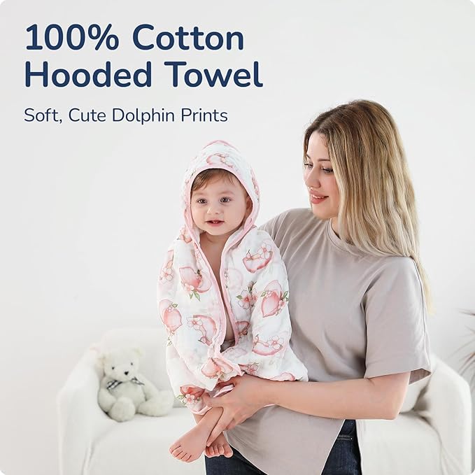 Muslin Hooded Baby Towels 2 Pack, Ultra Soft & Absorbent Baby Bath Towels, Bath & Beach Essentials, Shower Gifts for Newborns, Babies, Infant, Toddler - 32x32 Inch (Peach & Watermelon)